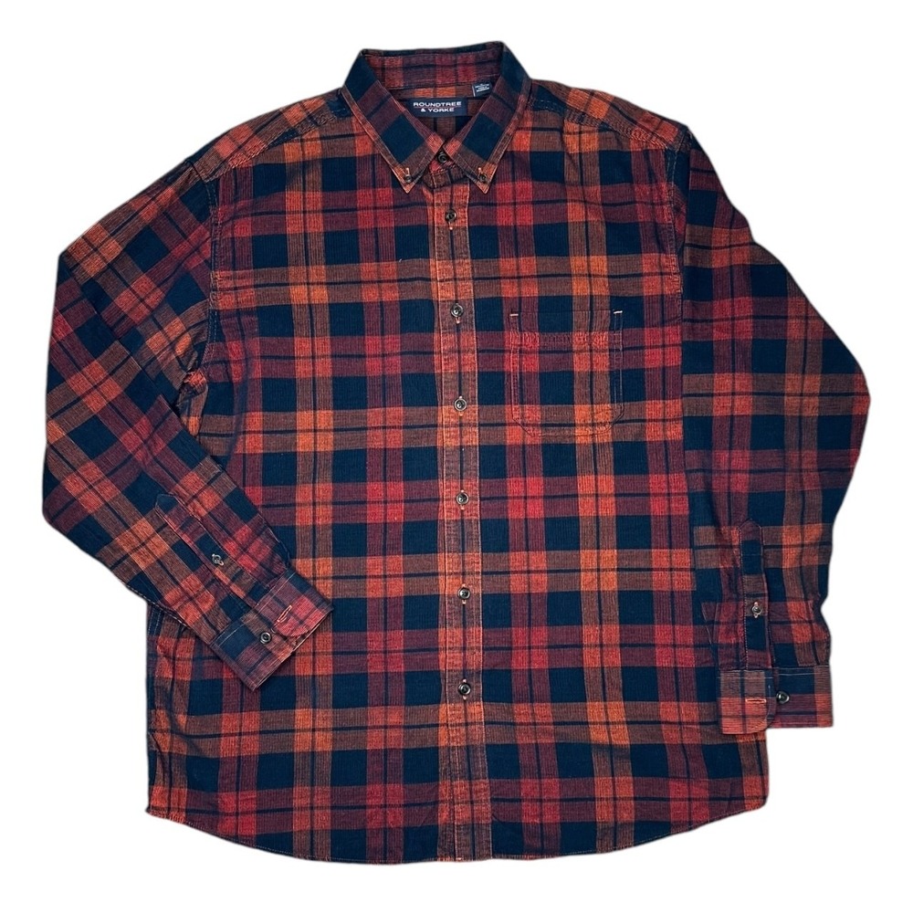 Roundtree & Yorke Plaid Flannel Button Down Shirt Men Large Long Sleeve Cotton